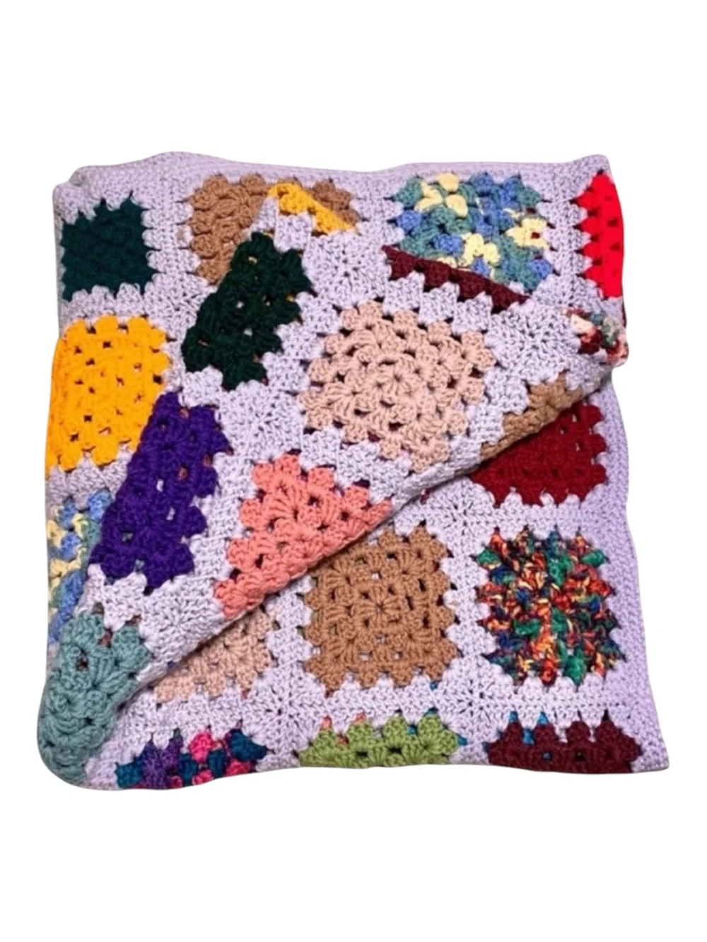 Vintage Handmade Multicolor Granny Square Crochet Throw Blanket - Brand Unknown